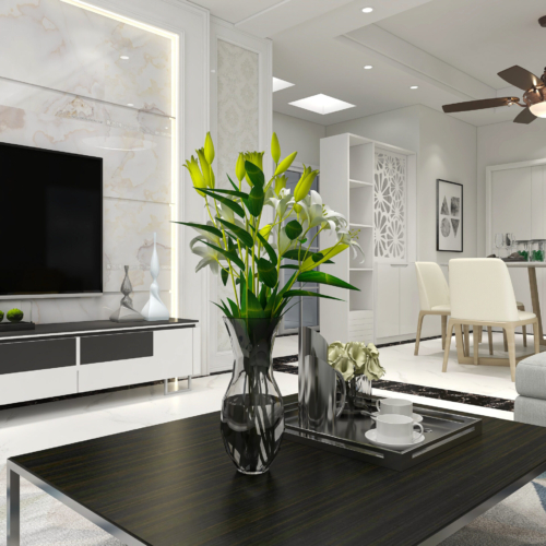 3D rendering, simple modern living room sofa with coffee table, with green plants on the table.