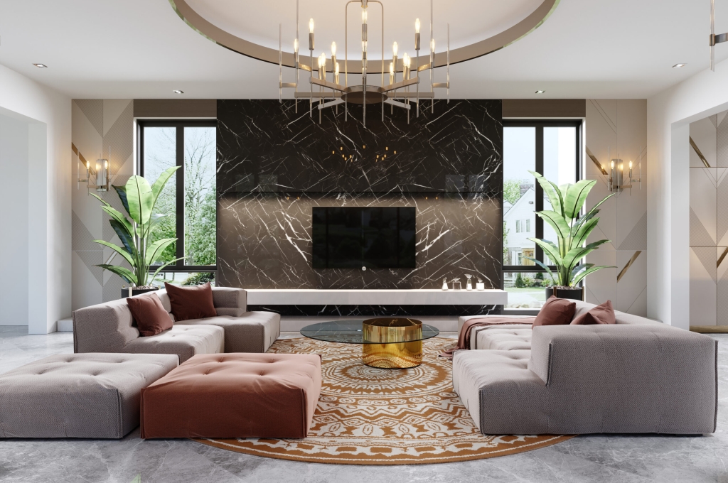 Luxurious design of the living room with a multi-colored sofa and a TV unit on a black marble background with stains. 3d rendering