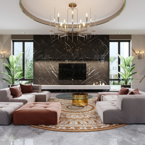 Luxurious design of the living room with a multi-colored sofa and a TV unit on a black marble background with stains. 3d rendering