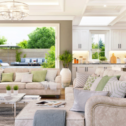 Luxurious living room interior design with fireplace and white kitchen